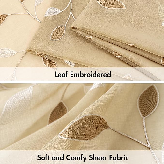 MIULEE Beige Sheer Kitchen Curtains 30x36 Inches Length 2 Panels Embroidered - Image 4