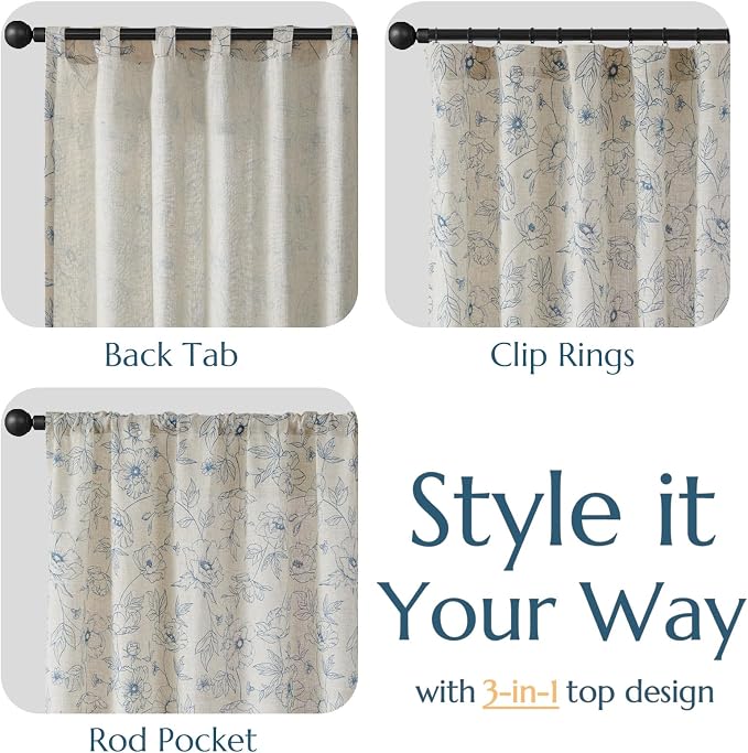 jinchan Floral Linen Curtains for Living Room 96 Inch Length Blue Flower - Image 5