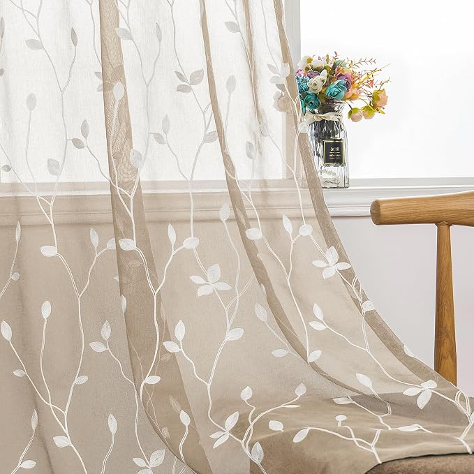 AmHoo 2 Panels Embroidered Leaf Pattern Semi Sheer Curtains Foliage Floral by AmHootextile