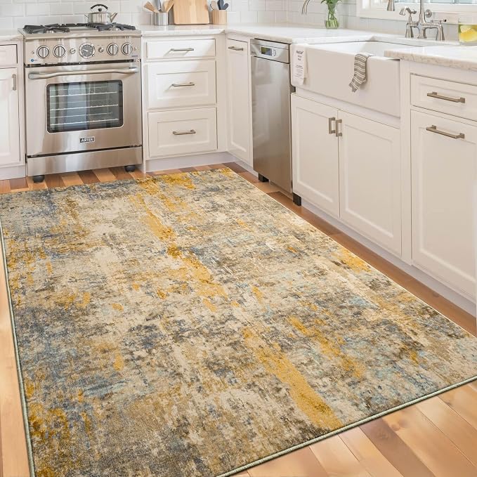 Area Rug 4x6 Beige Rug Washable Boho Rugs Non Slip Low Pile Abstract Small - Image 4