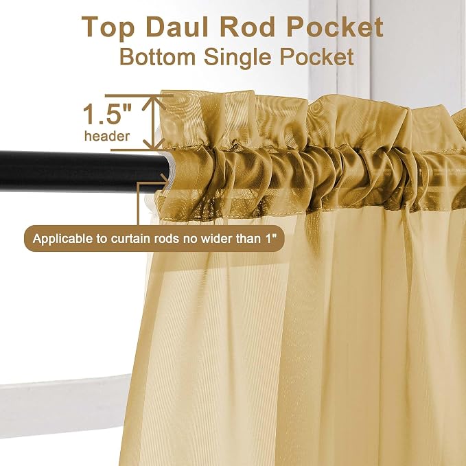Chyhomenyc Gold Sheer Curtains 96 inches Long 2 Panels, Light Filtering Soft - Image 2