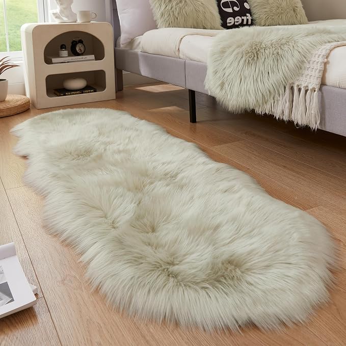AMTOVO Faux Sheepskin Rug, Light Grey Ultra Soft Fluffy Shag Area Rug, 2 x 6 ft by AMTOVO