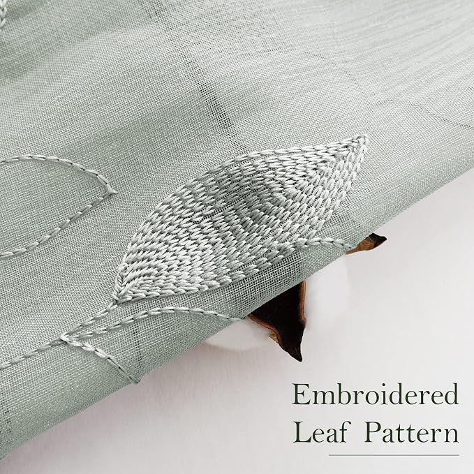 HOMEIDEAS Sage Green Sheer Curtains 52 X 63 Inches Length 2 Panels Embroidered - Image 3