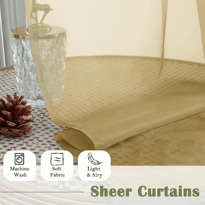 Lecloud Gold Sheer Curtains 120 Inches Long 2 Panels Set, Rod Pockets Light - Image 8