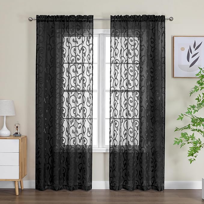 OWENIE Furman Black Sheer Curtains 84 inches Long - Image 2