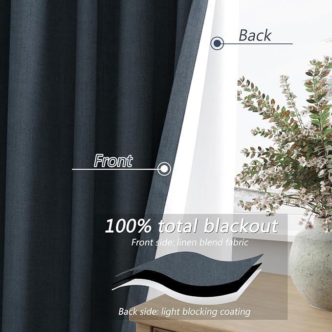 Guken Vintage Blue 100% Blackout Linen Curtains 72 Inch Length 2 Panels Set - Image 4