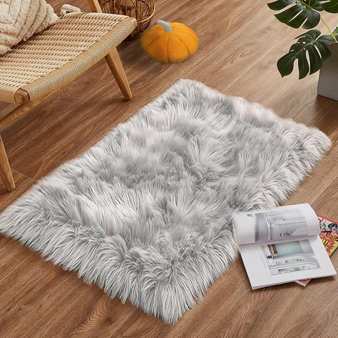 Goolela Grey Fluffy Fuzzy Furry Rug 2x3 Gray Faux Sheepskin Fur Rug by Goolela