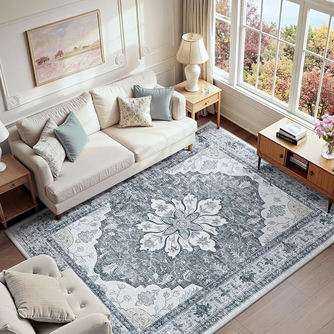 RELEANY Area Rugs 6'x9' Washable Non-Slip, Floral Vintage Distress Print by RELEANY