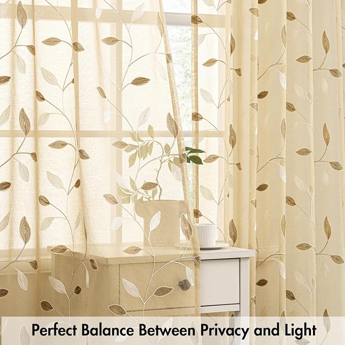 MIULEE Beige Sheer Curtains 2 Panels Embroidered Leaf Patterned Rod Pocket - Image 5