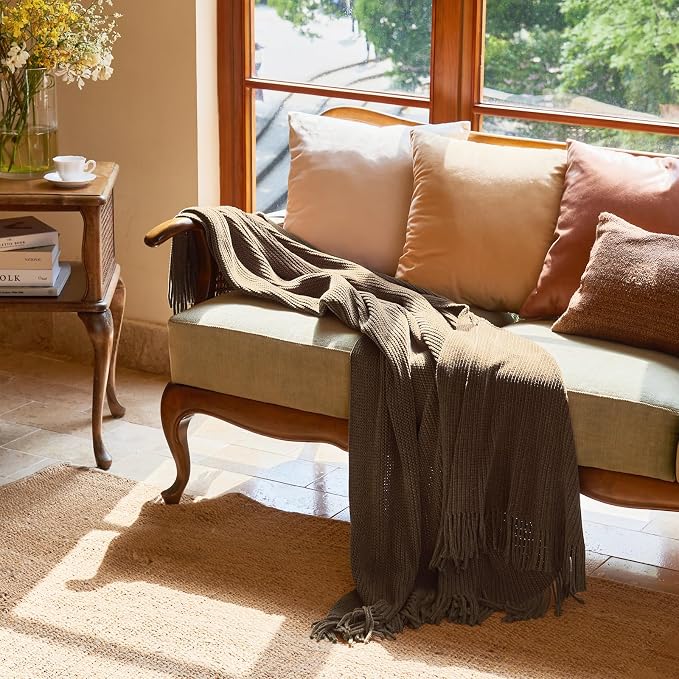 lifein Throw Blanket for Couch, Soft Boho Decor Bed Throw, Cozy Brown Knitted - Image 8