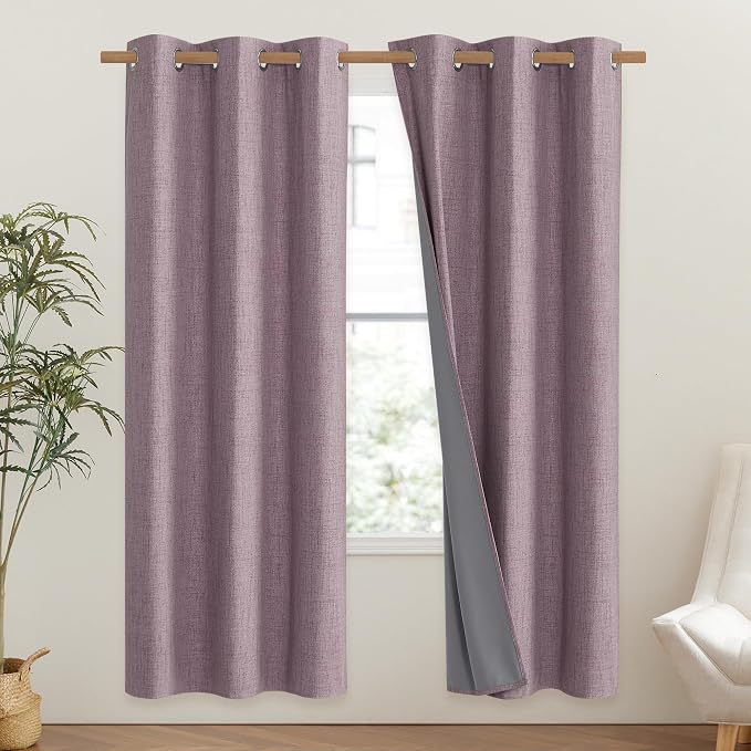 NICETOWN Chaise Mauve Vintage Linen 100% Blackout Curtains - Image 2