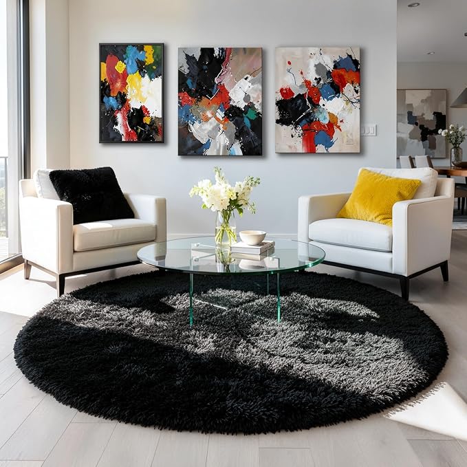 Black Round Rug 7Ft for Bedroom Aesthetic, Fluffy Plush Circle Area Rugs for by Amdrebio