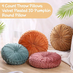 Kathfly Set of 4 Decorative Round Pleated Throw Pillows, Classy Velvet Pumpkin - Image 4