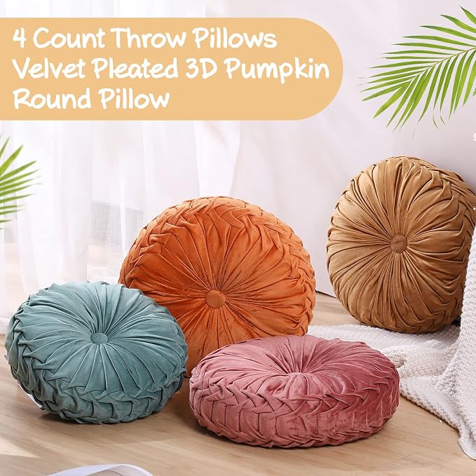 Kathfly Set of 4 Decorative Round Pleated Throw Pillows, Classy Velvet Pumpkin - Image 4