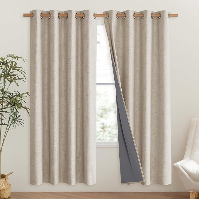 NICETOWN Oatmeal Bedroom Full Blackout Linen Curtain Panels Set of 2, Thick - Image 2