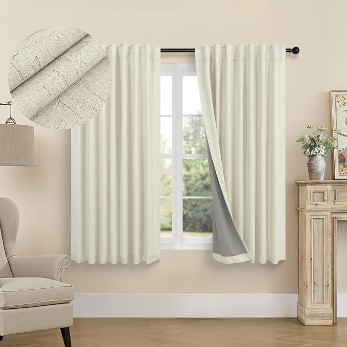 Linen Textured Boho 100% Blackout Small Window Curtains 45 inch Length 2 Panels by Pitalk