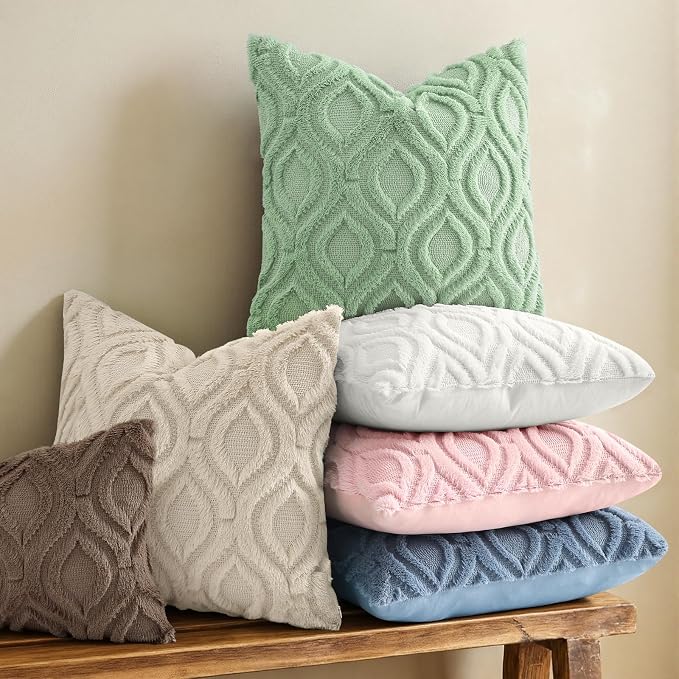 decorUhome Throw Pillow Covers 24x24 Inch Set of 2, Soft Plush Faux Wool Beige - Image 6