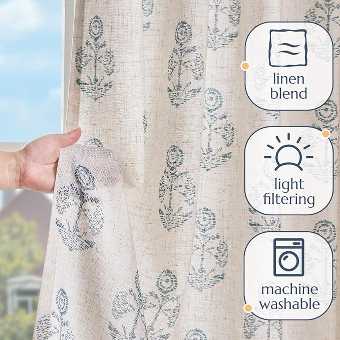jinchan Linen Floral Curtains for Living Room 84 Inch Length Blue Flower - Image 4