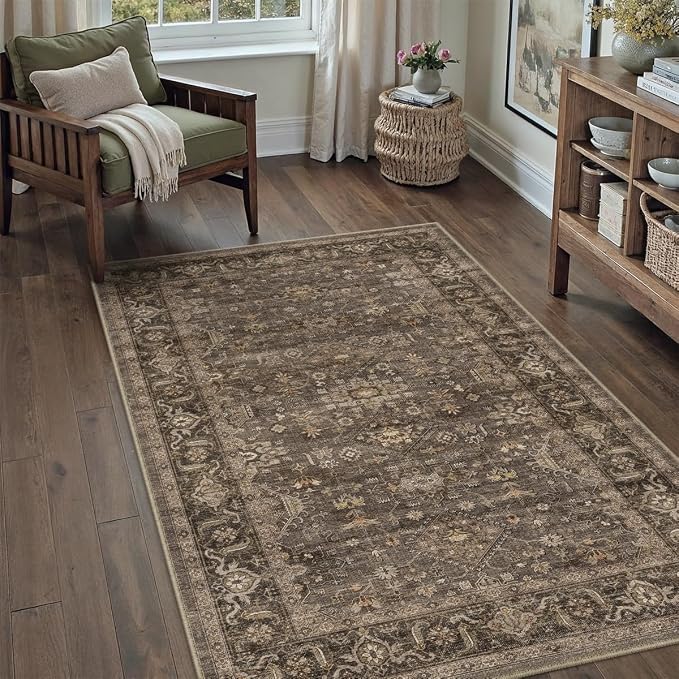 3x5 Washable Area Rug for Entryway Vintage Brown Non Slip Low Pile Carpet - Image 4