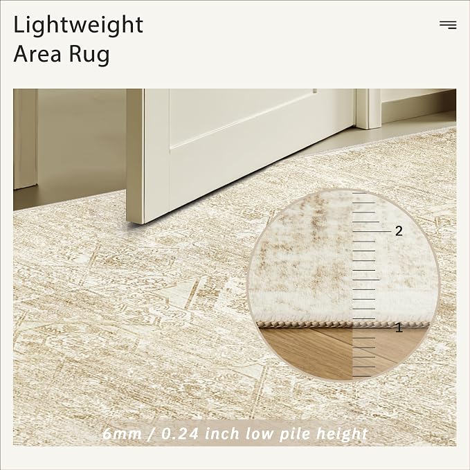 5x7 Area Rugs Beige Low Pile Indoor Washable Trendy Faded Style Floral Rugs - Image 7