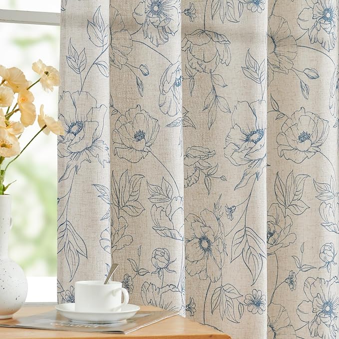 jinchan Floral Linen Curtains for Living Room 96 Inch Length Blue Flower by JINCHAN