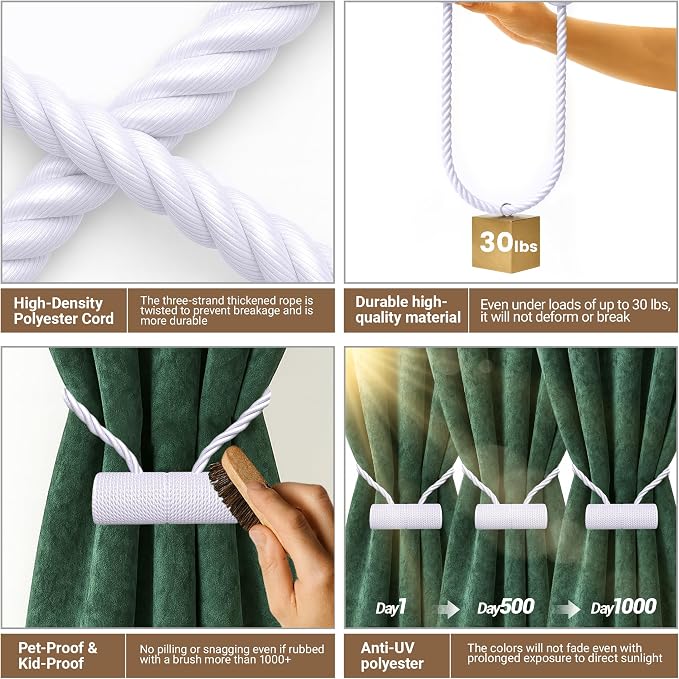 Hion Magnetic Curtain Tiebacks White 2pcs, Curtain Tiebacks Buckles Holdbacks - Image 3