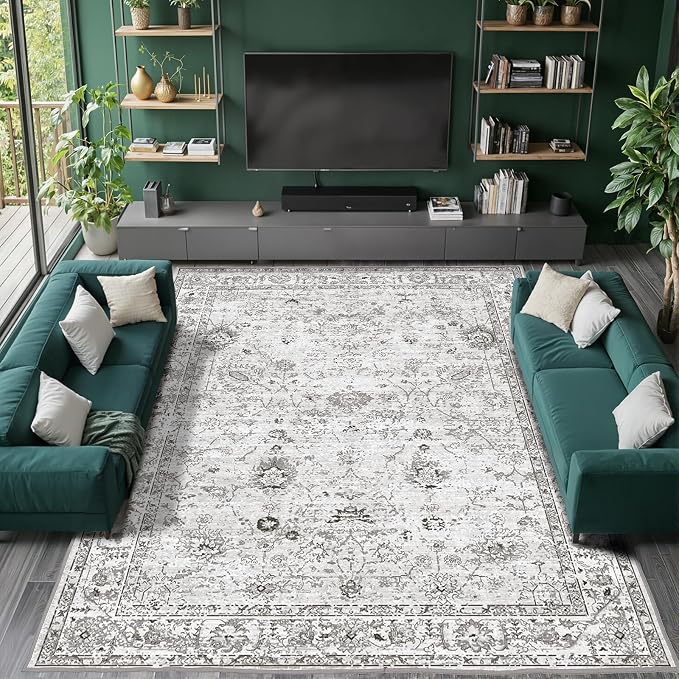 Floral Washable 6x9 Area Rugs, Soft Grey White Bedroom Rug - Image 8