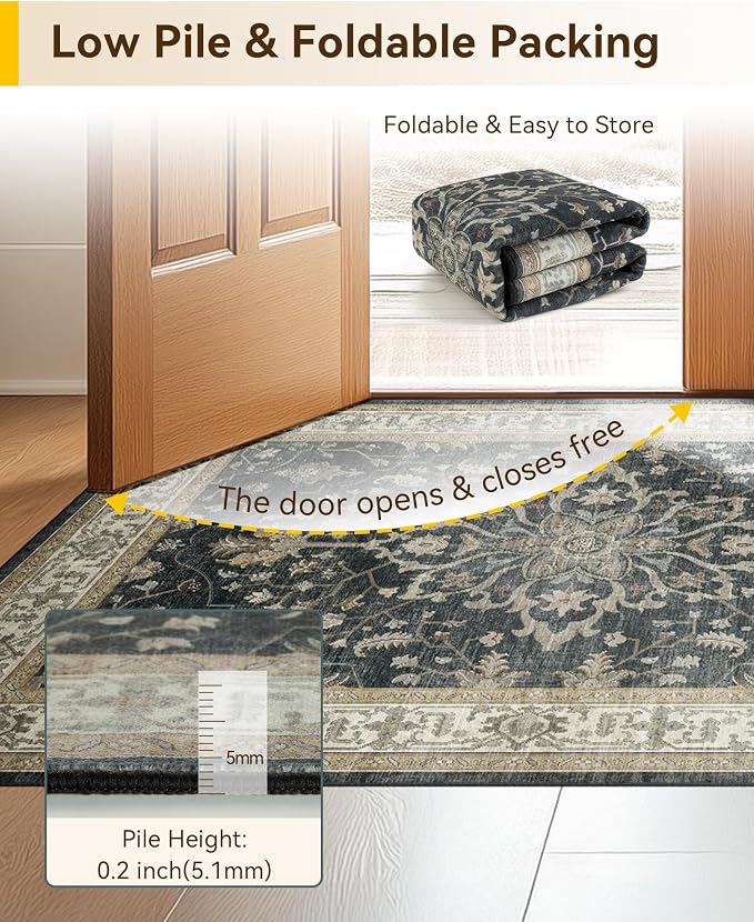 Area Rugs 8'x10' Washable Non-Slip, Floral Vintage Distress Print Pattern - Image 6