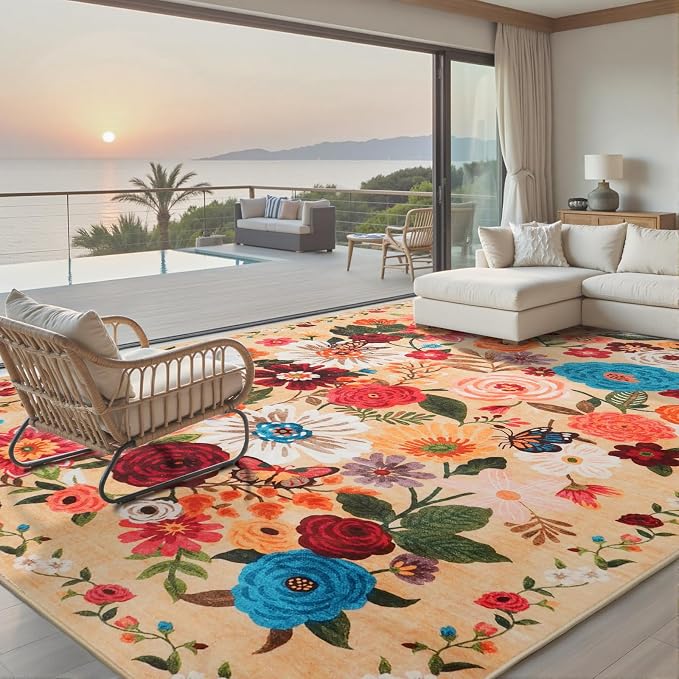 Area Rugs 10x14 Living Room, Non Slip Machine Washable Floral Rugs, Low Pile by WelcometoBabovid
