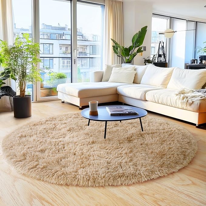 5'x5' Beige Round Rug for Bedroom, Ultra Soft Fluffy Circle Rug for Kids Girls - Image 9