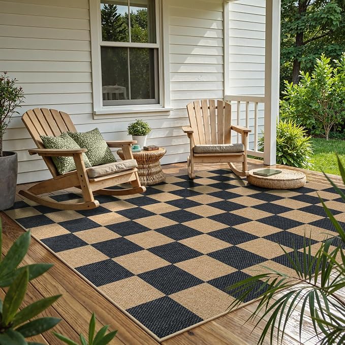 Lahome Checkered Easy Jute Area Rug, 5x7 Outdoor Patio Rug Washable Carpet - Image 7