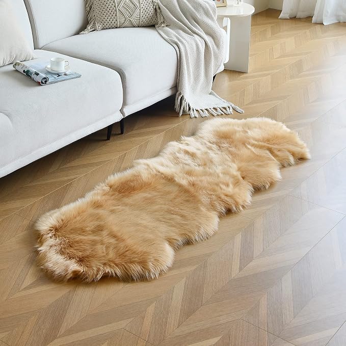 duduta Beige Faux Sheepskin Runner Rugs 2x6 ft, Fluffy Shag Bedroom Rug Fur - Image 3