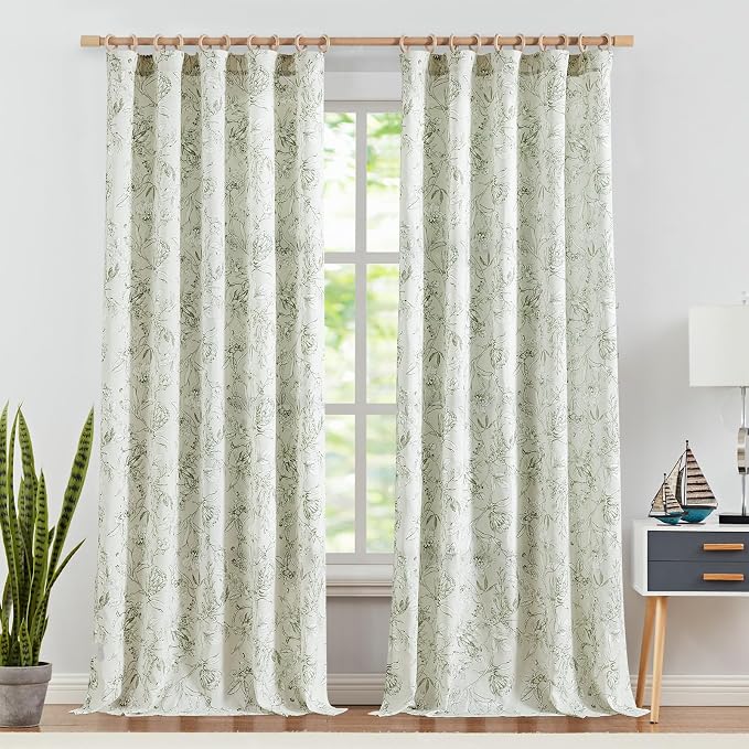 jinchan Floral Curtains 96 Inches Long Sage Green Flower Linen Farmhouse Curtain - Image 2