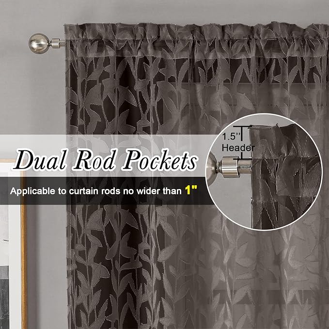Lecloud Leia Living Room Chocolate Brown Sheer Curtains 72 Inch Length 2 Panels - Image 2