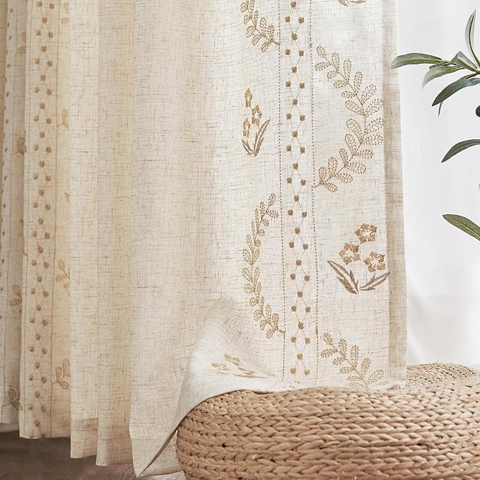 jinchan Belrose Linen Curtains for Bedroom Floral Curtains 63 Inch Length Linen - Image 9