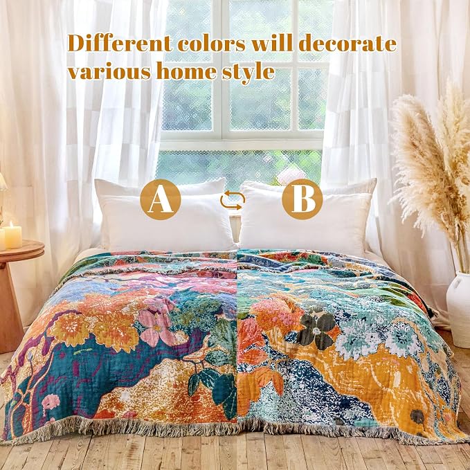 MSGKV Boho Throw Blanket for Bed 60"x80" Cotton Couch Blankets Floral Twin Size - Image 3