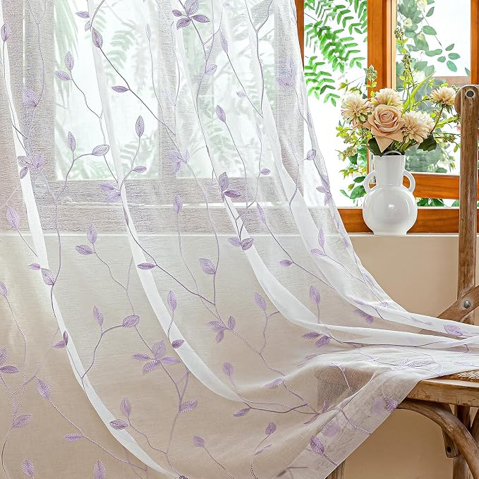 AmHoo 2 Panels Embroidered Leaf Pattern Semi Sheer Curtains Foliage Floral by AmHootextile
