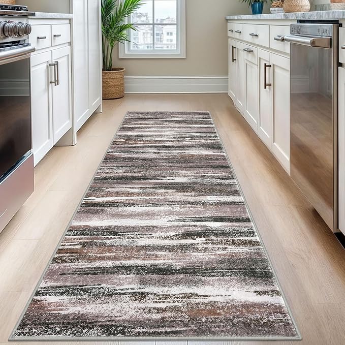Lansny Modern Abstract Runner Rug 2.6x8, Dark Light Brown White Washable - Image 2