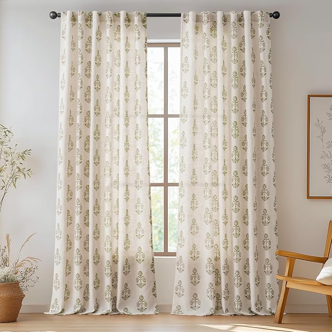 jinchan Linen Floral Curtains for Living Room 96 Inch Length Green Flower - Image 2