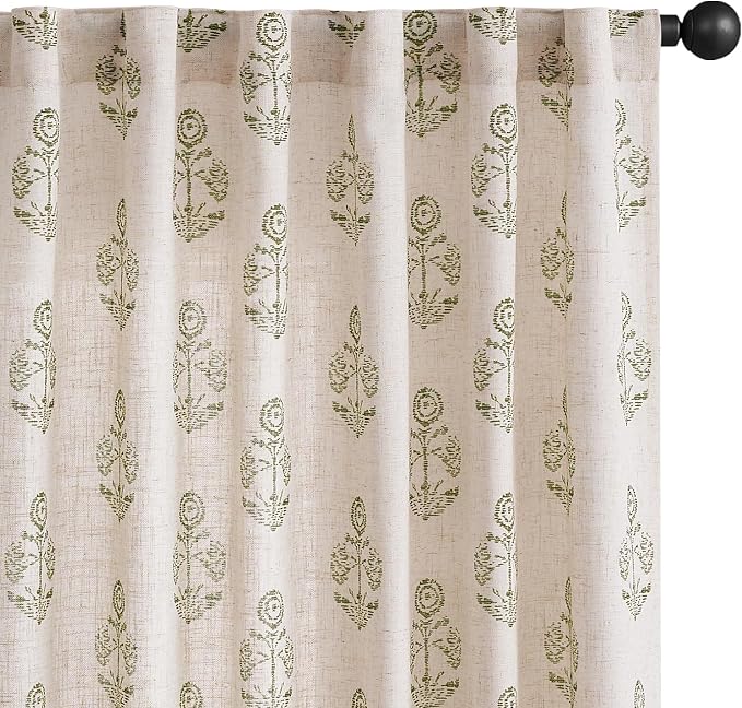 jinchan Linen Floral Curtains for Living Room 96 Inch Length Green Flower by JINCHAN
