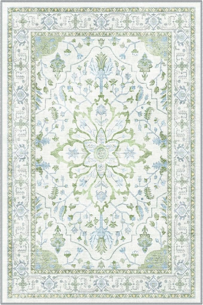 Area Rugs Round 6ft Washable Non-Slip, Floral Vintage Distress Print Pattern by RELEANY