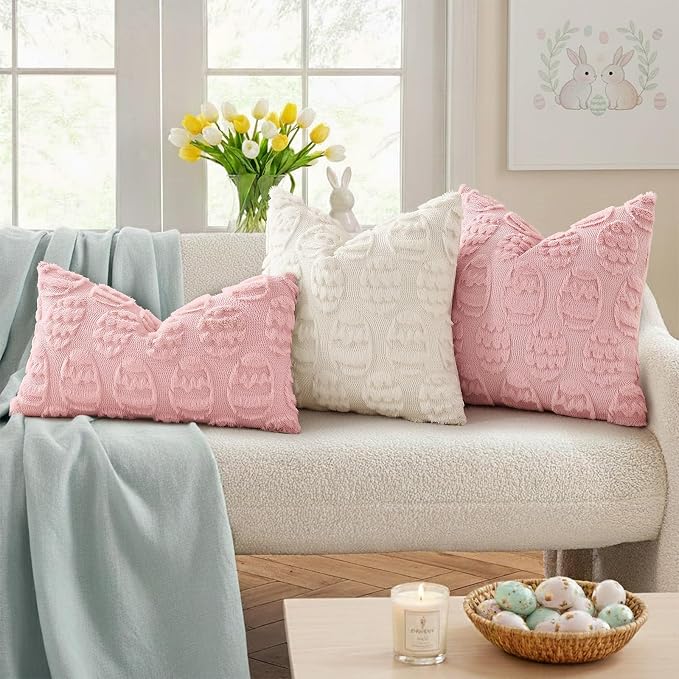 decorUhome Easter Pink Egg Pillow Covers 16x16 Inch Set of 2, Soft Plush Faux - Image 2