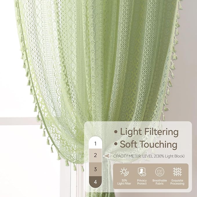 WAZZIO Boho Lace Curtains 84 Inches 2 Panel, Light Filtering Privacy Tassel & - Image 5