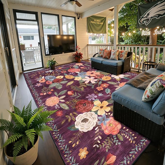 Area Rugs 10x14 Living Room, Non Slip Machine Washable Floral Rugs, Low Pile - Image 7