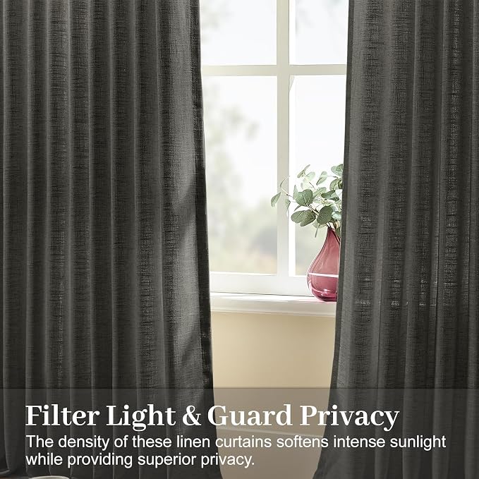 96 Inch Linen Curtains for Living Room, Pinch Pleated Semi Sheer Curtain Rustic - Image 2