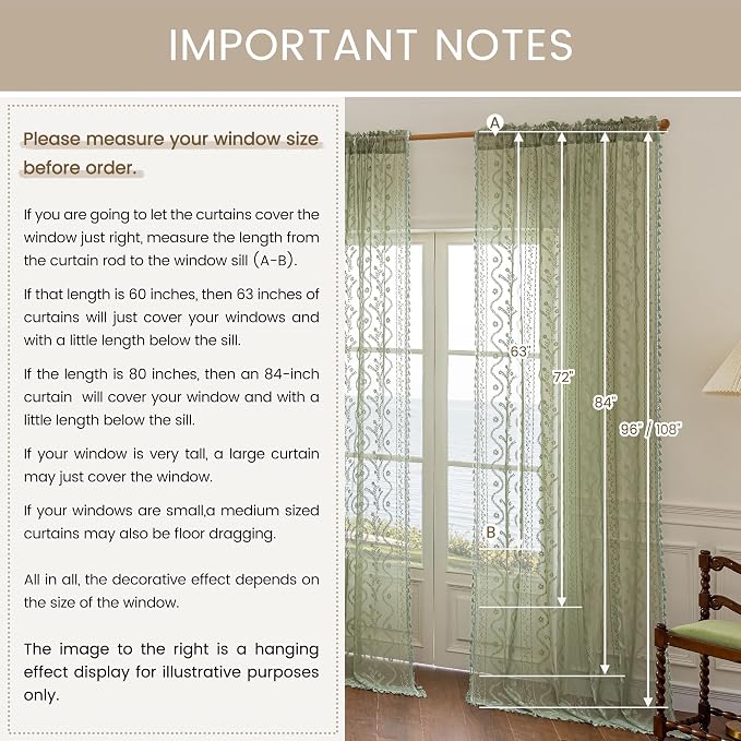 WAZZIO Boho Lace Curtains 2 Panels 63 Inch -Vintage Victorian Sheer Panel Drape - Image 9