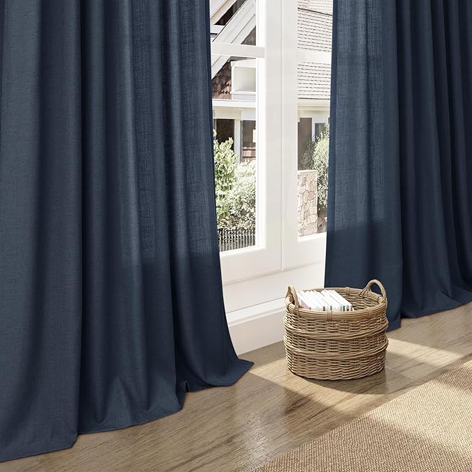 Nanspring Vintage Blue Linen Curtains 96 Inches Long 2 Panels Set - Image 6