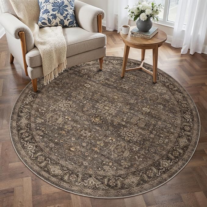4x4 Washable Round Rug for Living Room Bedroom Vintage Brown Soft Low Pile by WondRg