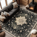 Area Rugs 7'x9' Washable Non-Slip, Floral Vintage Distress Print Pattern by RELEANY