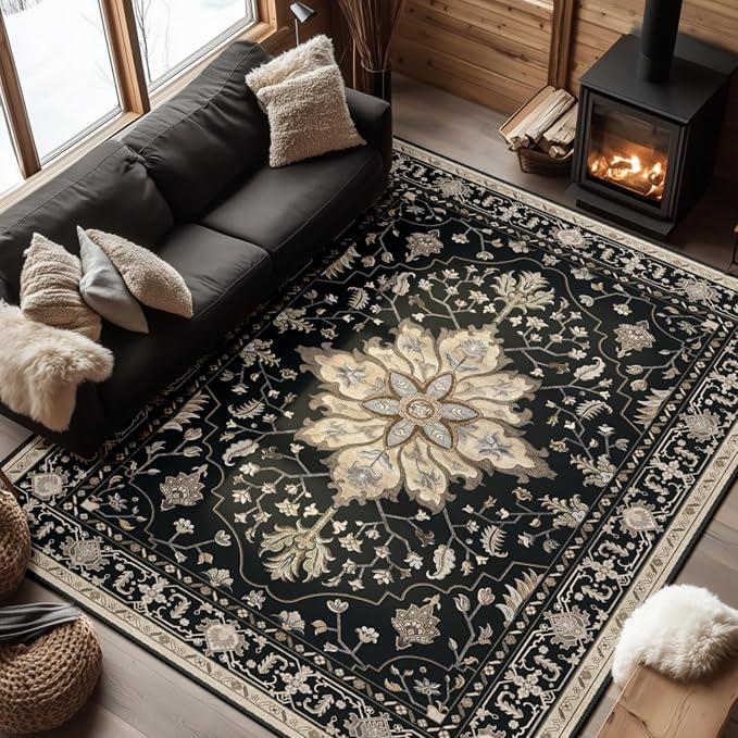 Area Rugs 7'x9' Washable Non-Slip, Floral Vintage Distress Print Pattern by RELEANY